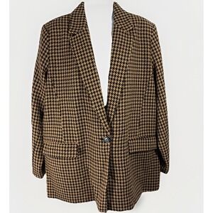 Nine West Women XXL Houndstooth Black Tan 1 Button Longline Blazer Jacket Career